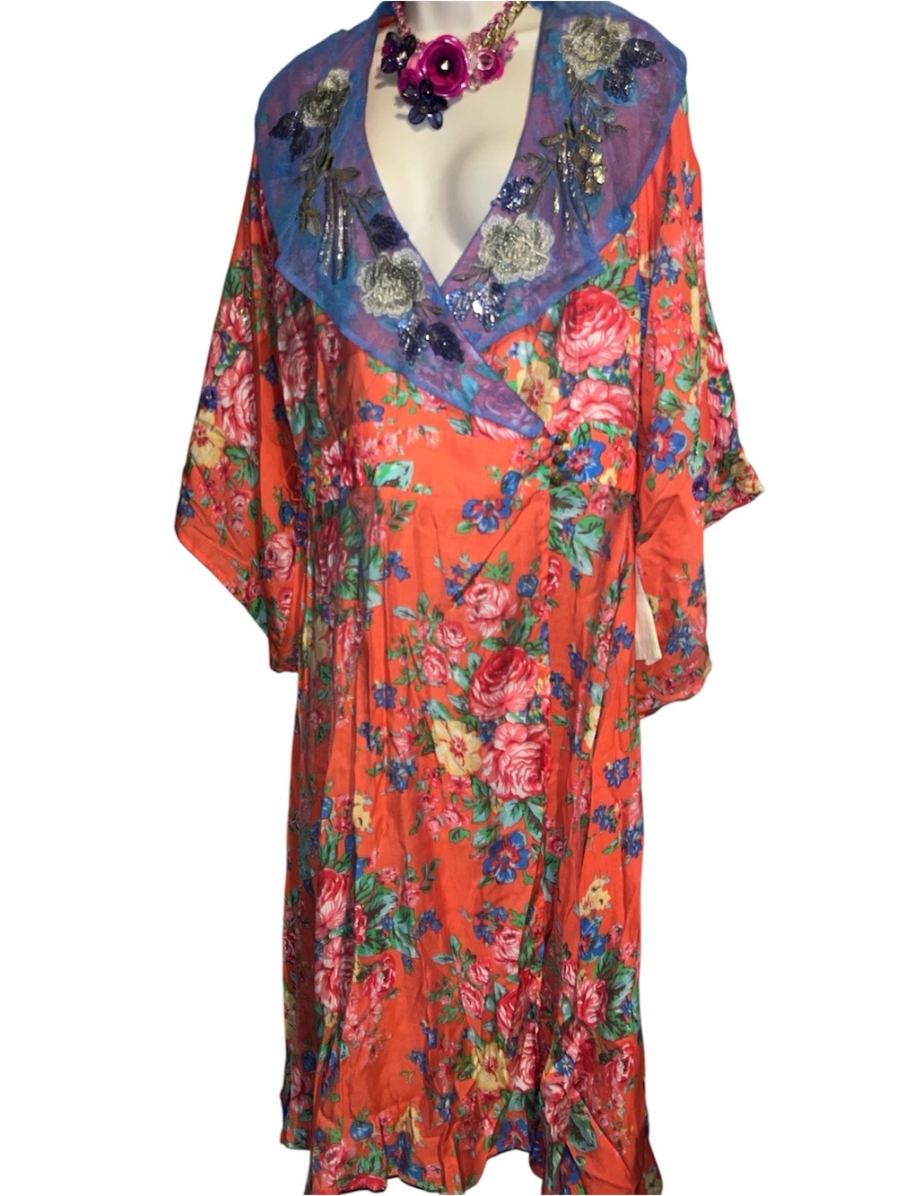 ❤️🔥.Aratta Large Orange Floral Wrap Midi Dress Embellished Removable Yoke A-13 - Picture 6 of 7